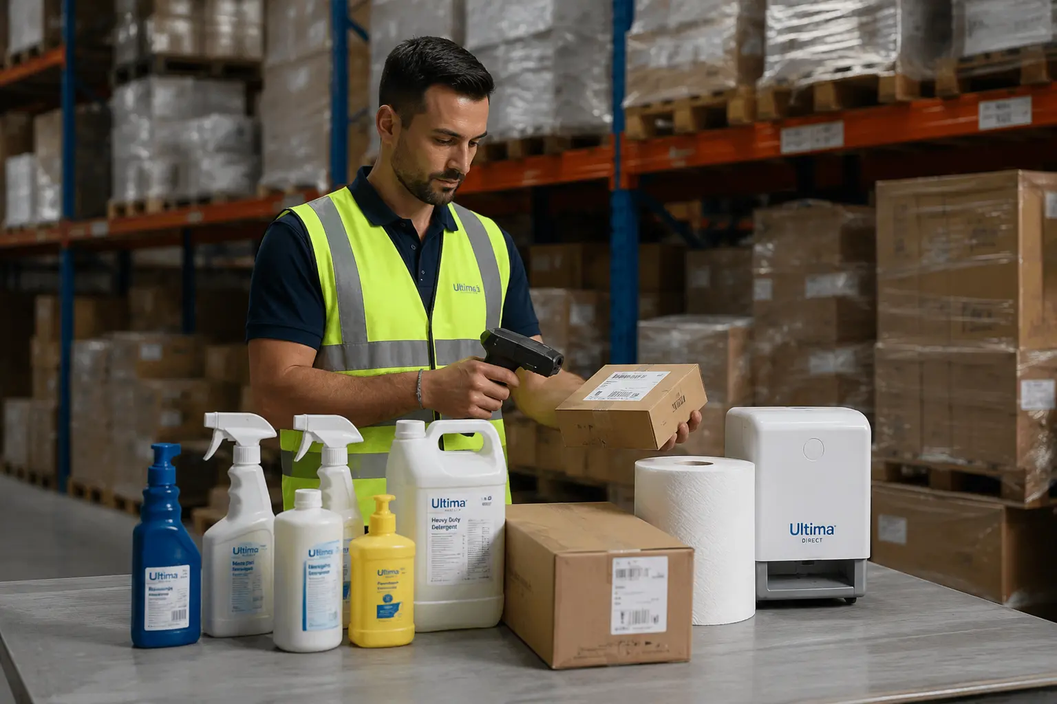 Warehouse Worker Scanning Package with Commercial Supplies
